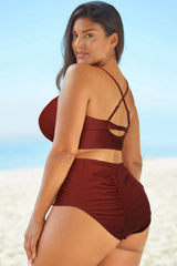 Full Size Halter Neck Crisscross Ruched Two-Piece Swimsuit - Sosea Swimwear