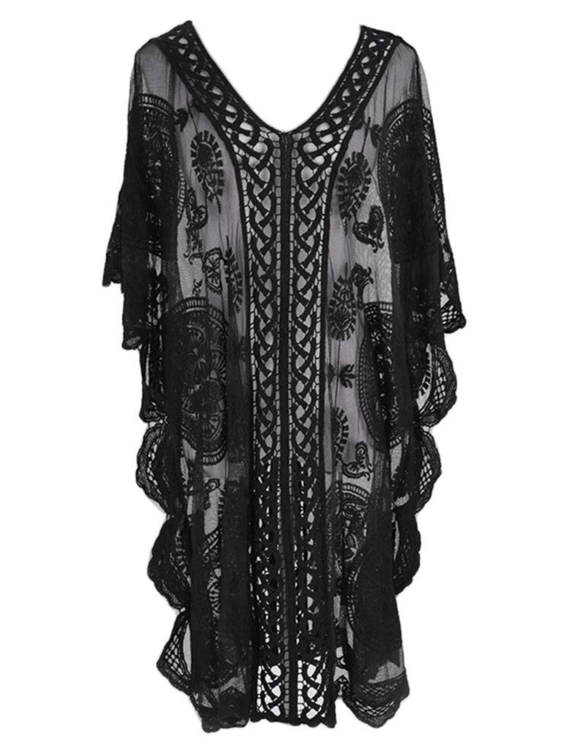 Lace V-Neck Half Sleeve Cover-Up - Sosea Swimwear