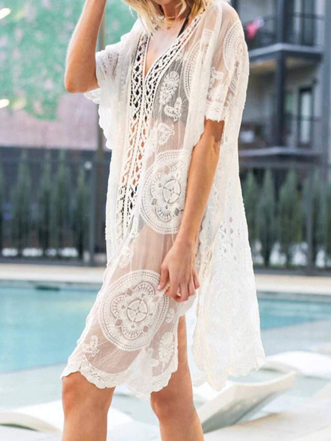 Lace V-Neck Half Sleeve Cover-Up - Sosea Swimwear