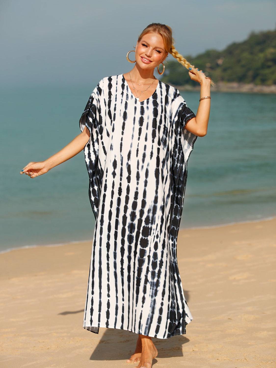 Tie-Dye V-Neck Half Sleeve Cover-Up - Sosea Swimwear