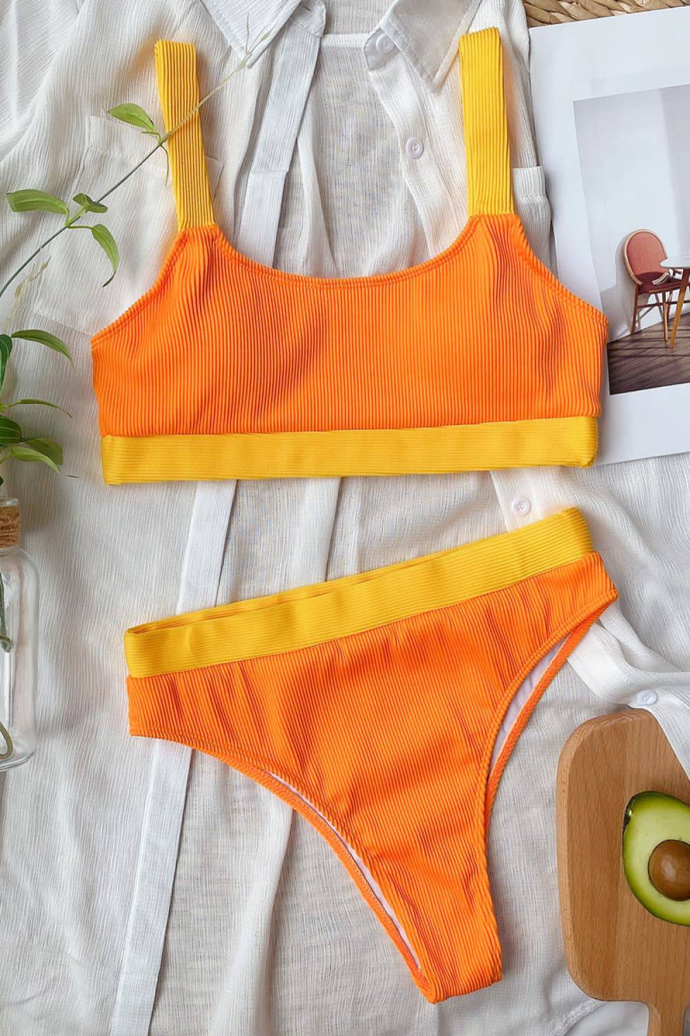 Color Block Scoop Neck Bikini Set - Sosea Swimwear