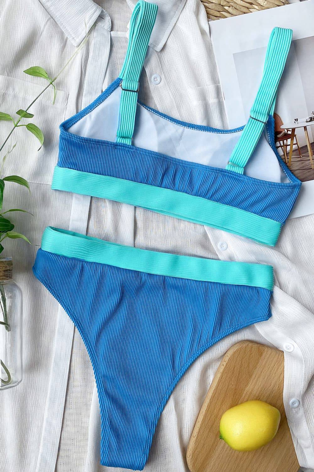 Color Block Scoop Neck Bikini Set - Sosea Swimwear