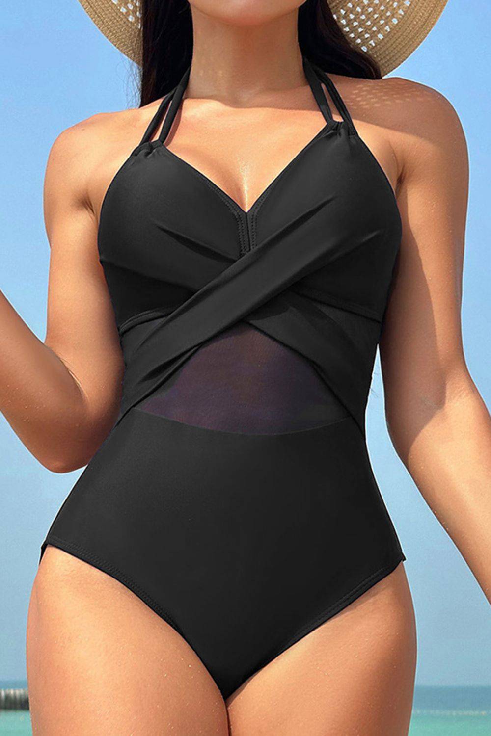 Crisscross Halter Neck One-Piece Swimwear - Sosea Swimwear