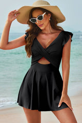 Cutout V-Neck Cap Sleeve One-Piece Swimwear - Sosea Swimwear