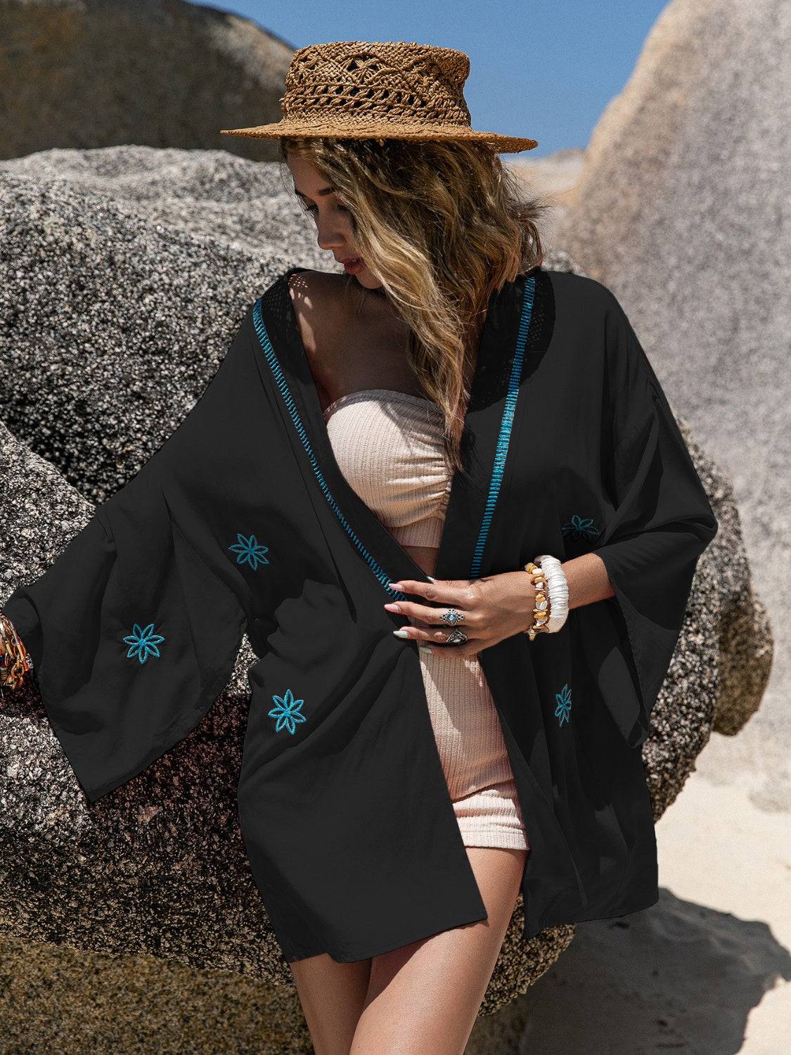 Embroidered Open Front Long Sleeve Cover Up - Sosea Swimwear