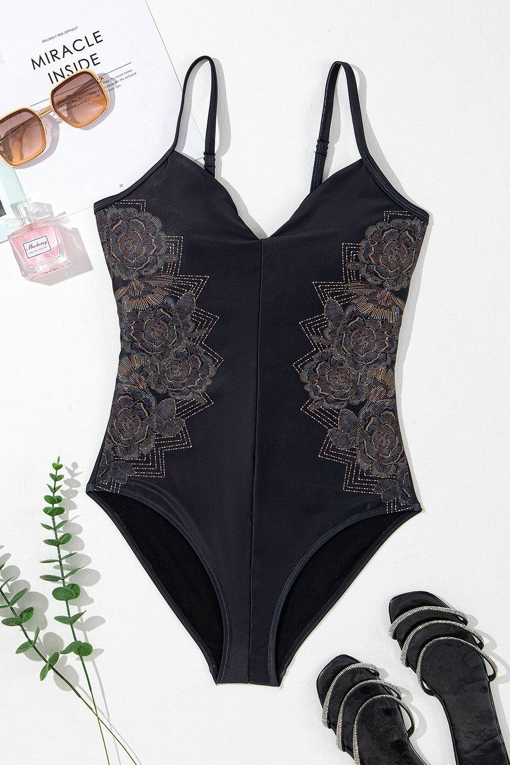 Embroidered V-Neck One-Piece Swimwear - Sosea Swimwear