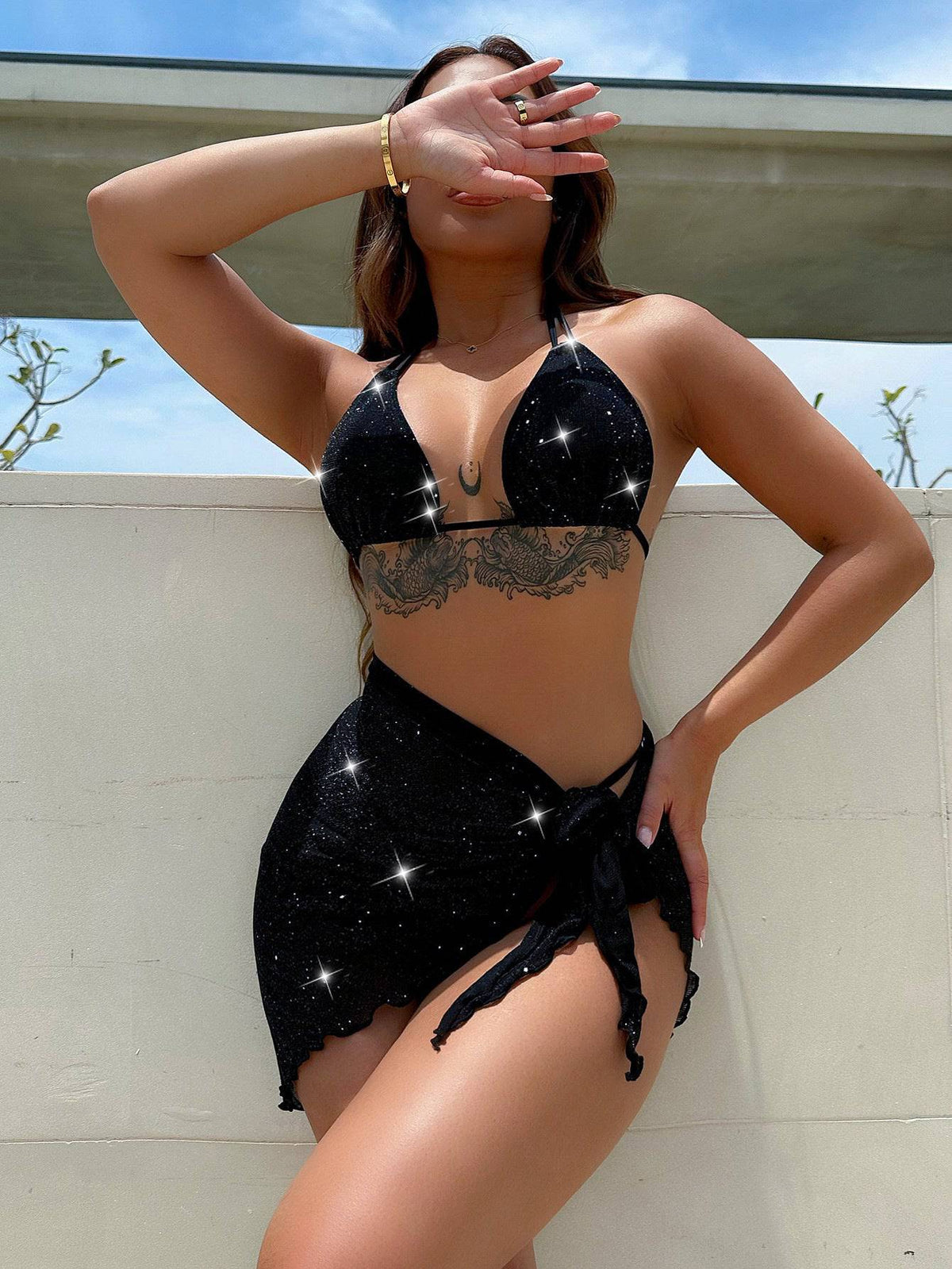 Glitter Halter Neck Backless Three-Piece Swim Set - Sosea Swimwear