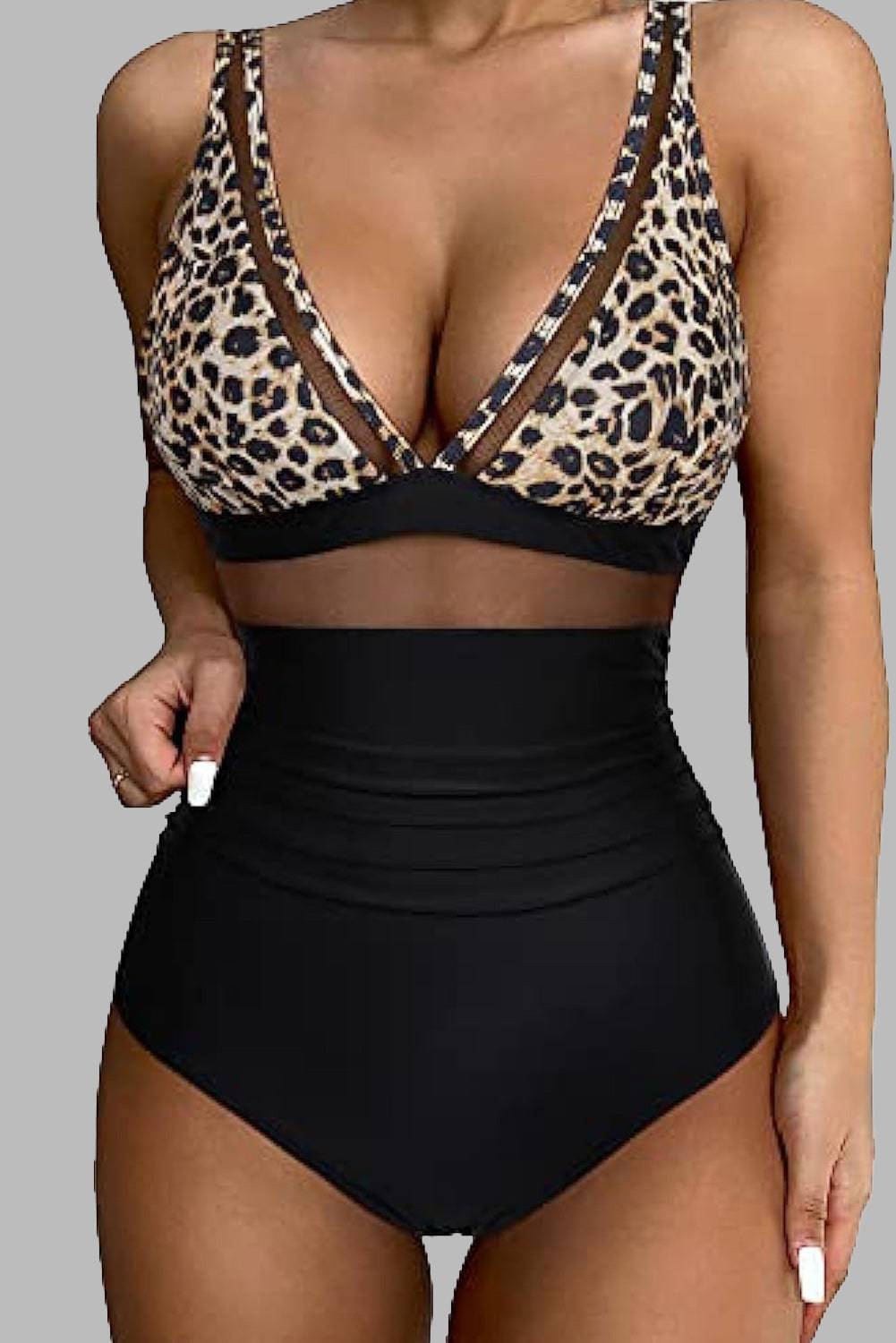 Leopard V-Neck Wide Strap One-Piece Swimwear - Sosea Swimwear