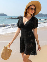 Openwork Plunge Short Sleeve Cover-Up Dress - Sosea Swimwear