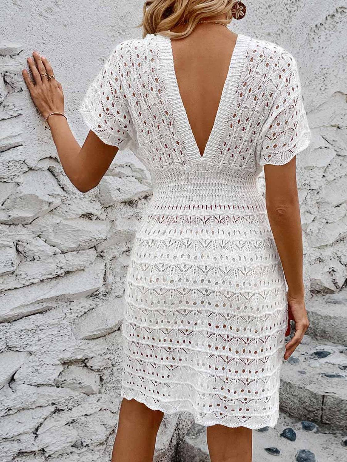 Openwork Plunge Short Sleeve Cover-Up Dress - Sosea Swimwear