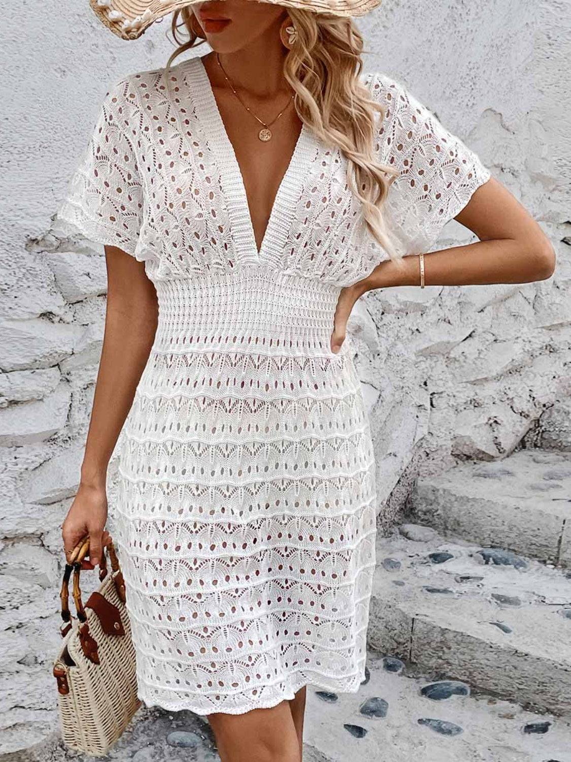 Openwork Plunge Short Sleeve Cover-Up Dress - Sosea Swimwear