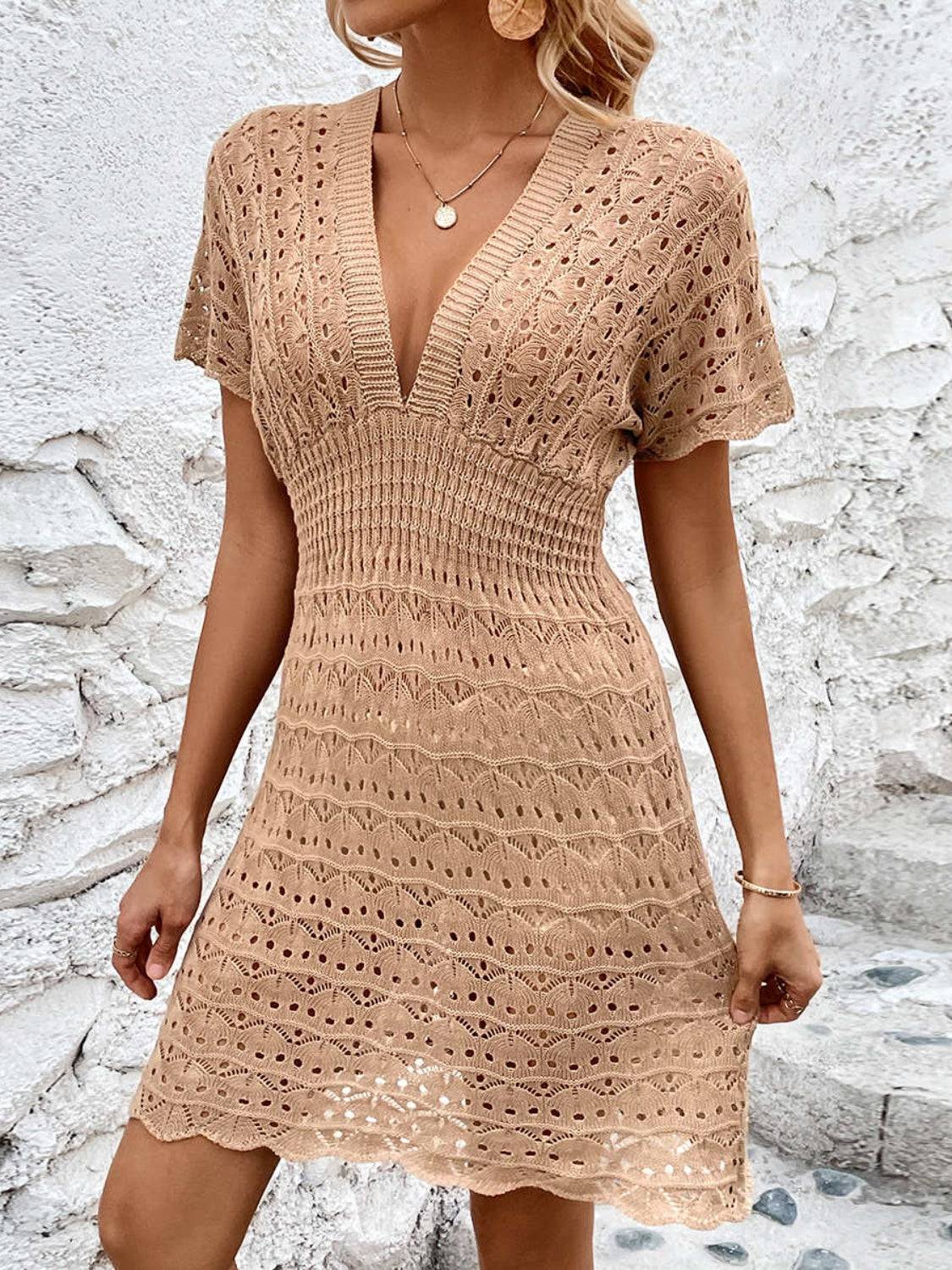 Openwork Plunge Short Sleeve Cover-Up Dress - Sosea Swimwear