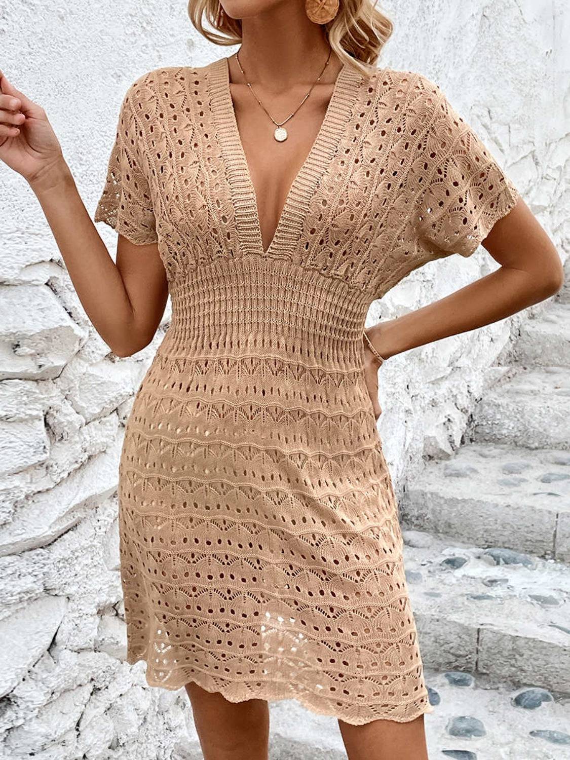 Openwork Plunge Short Sleeve Cover-Up Dress - Sosea Swimwear