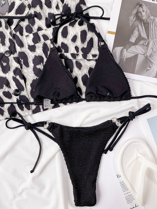 Textured Halter Neck Tie Side Bikini Set - Sosea Swimwear
