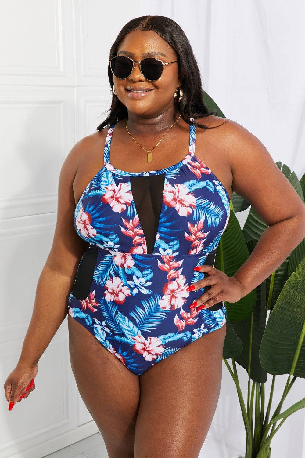 Floral Crisscross Spliced Mesh One-Piece Swimsuit - Sosea Swimwear