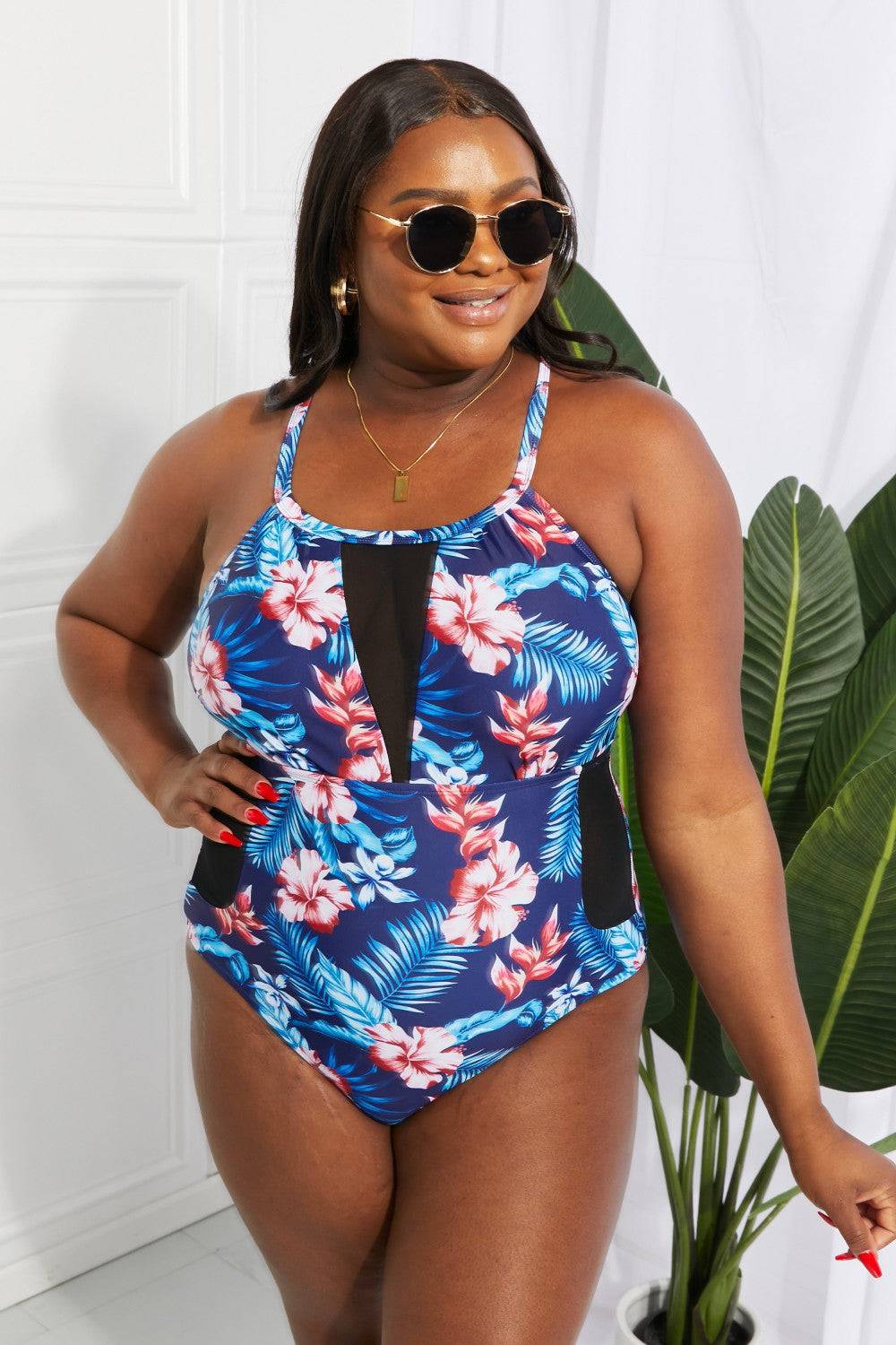 Floral Crisscross Spliced Mesh One-Piece Swimsuit - Sosea Swimwear