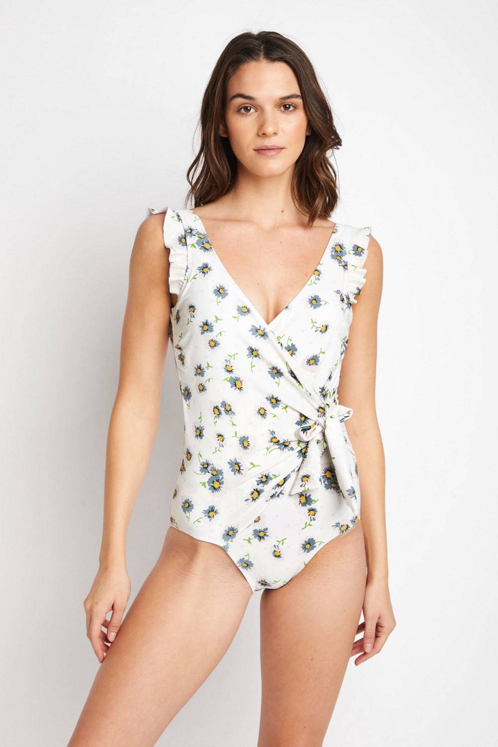 Marina West Swim Float On Ruffle Faux Wrap One-Piece in Daisy Cream - Sosea Swimwear