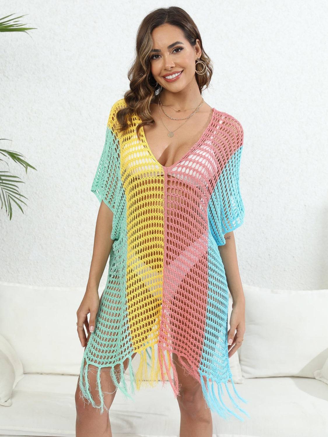 Fringe Color Block Scoop Neck Cover Up - Sosea Swimwear