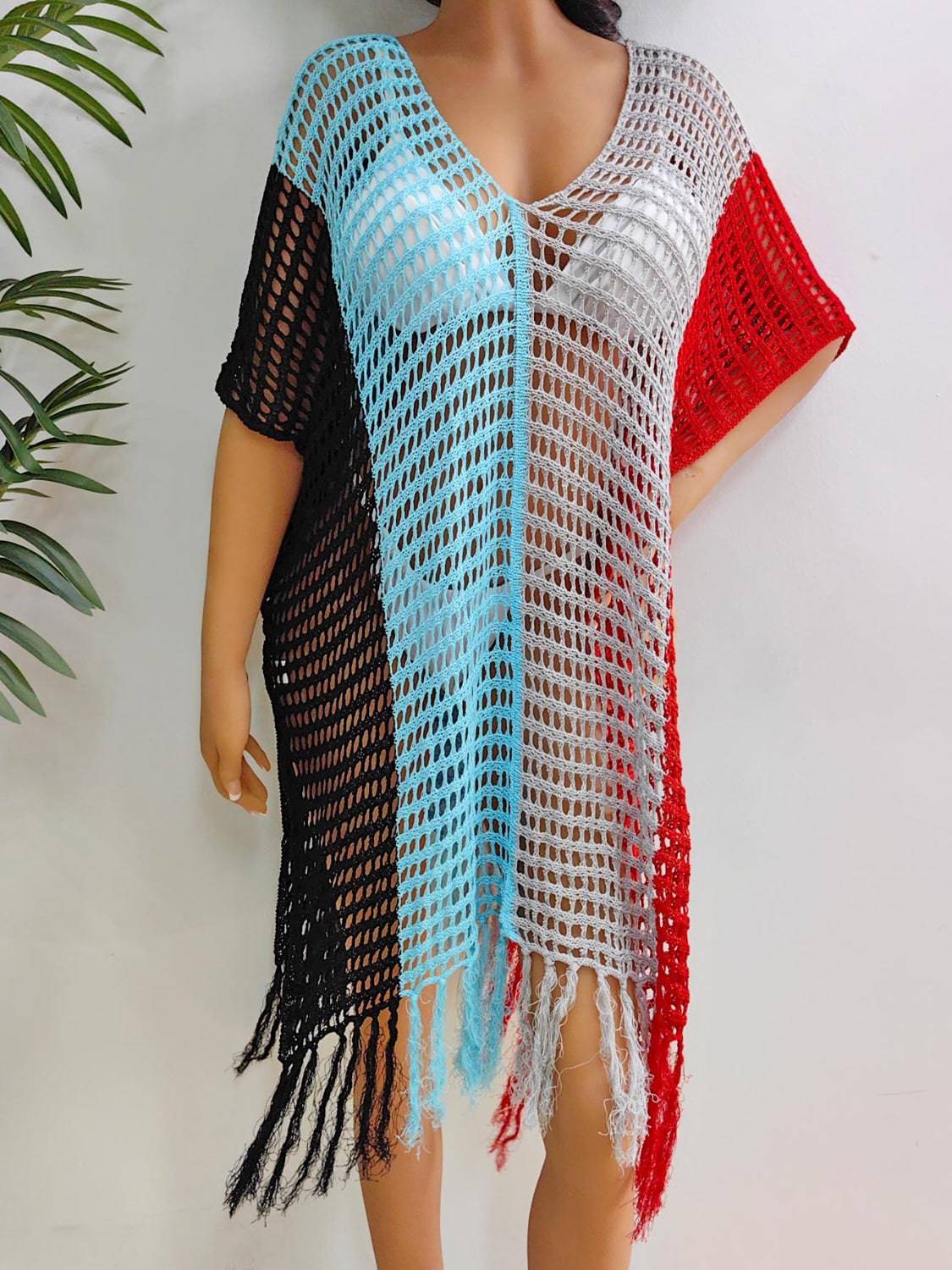 Fringe Color Block Scoop Neck Cover Up - Sosea Swimwear