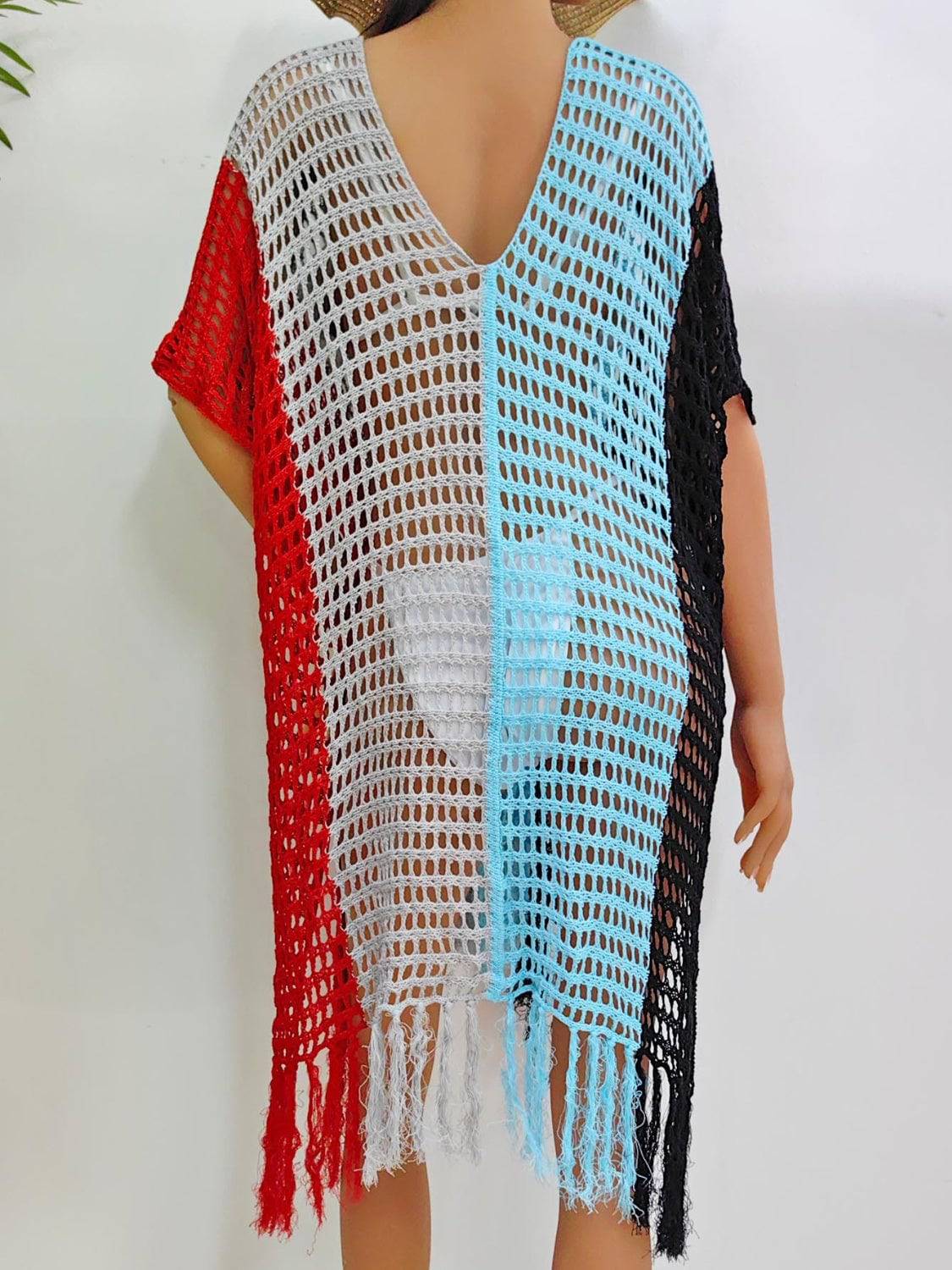 Fringe Color Block Scoop Neck Cover Up - Sosea Swimwear