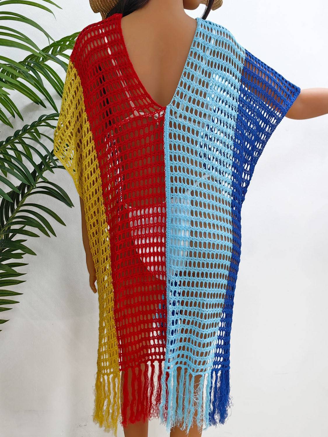 Fringe Color Block Scoop Neck Cover Up - Sosea Swimwear