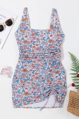 Drawstring Printed Wide Strap Swim Dress - Sosea Swimwear