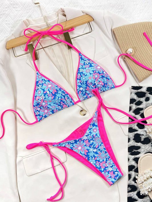Floral Halter Neck Tie Side Bikini Set - Sosea Swimwear