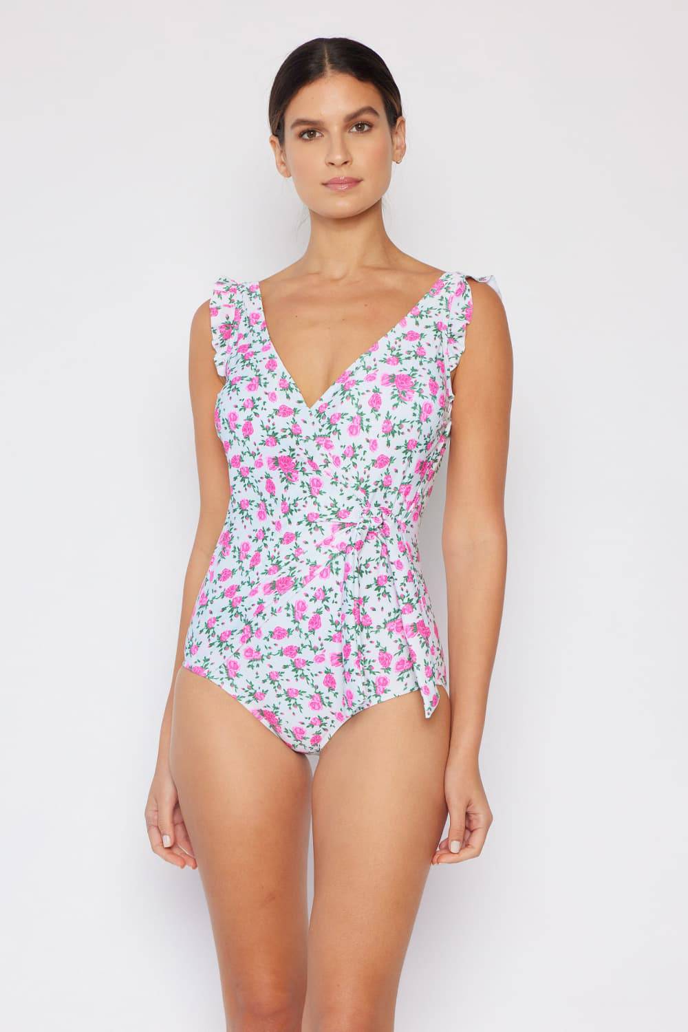 Marina West Swim Full Size Float On Ruffle Faux Wrap One-Piece in Roses Off-White - Sosea Swimwear