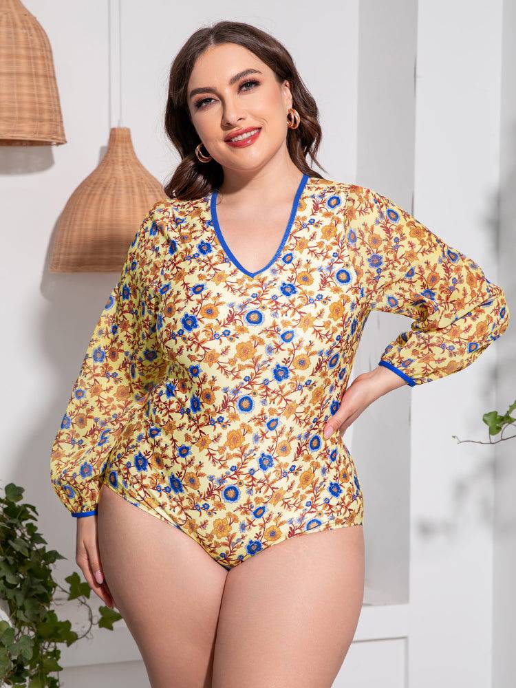 Plus Size Floral Open Back Long Sleeve One-Piece Swimsuit - Sosea Swimwear