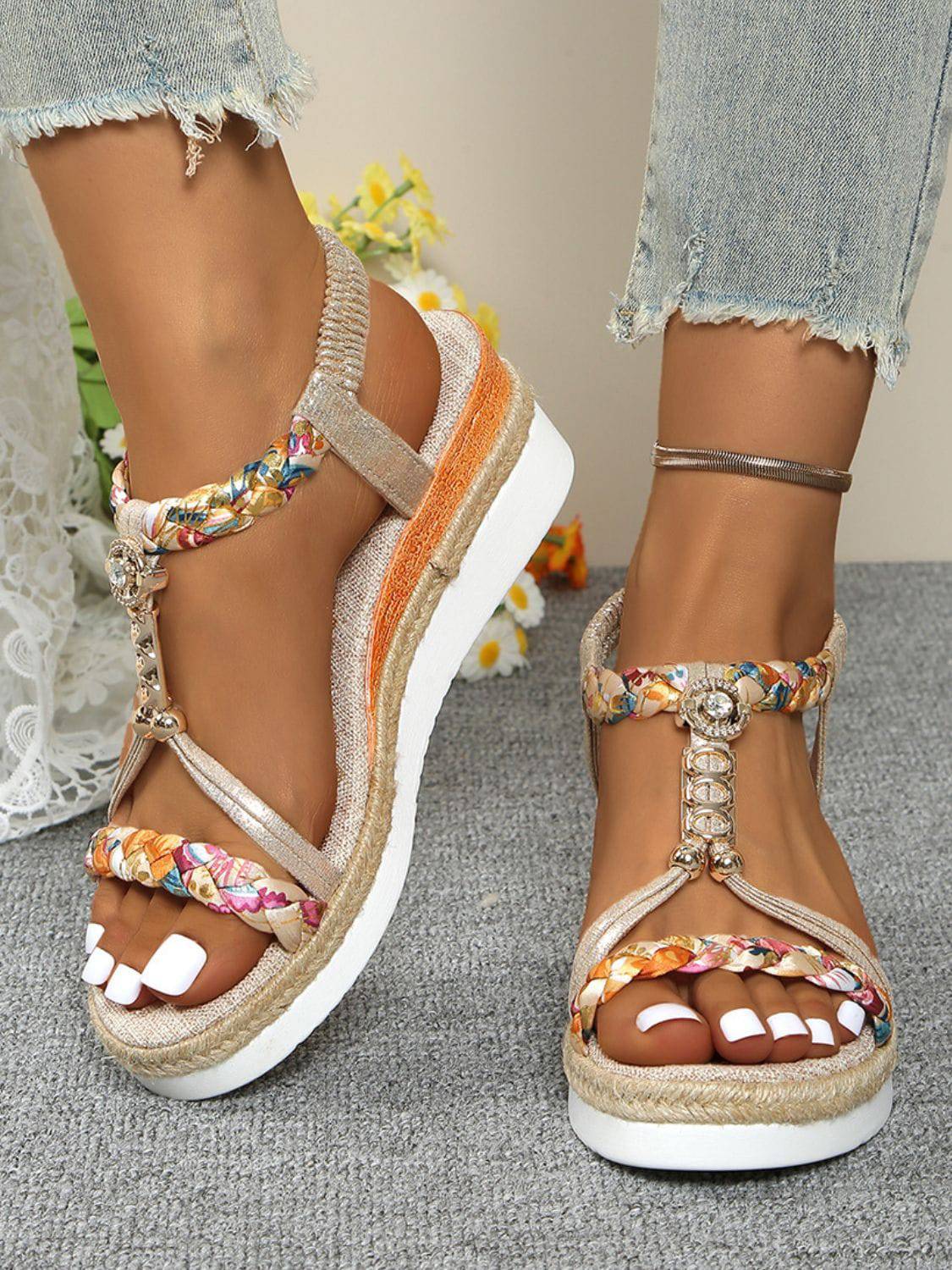 Contrast Woven Wedge Sandals - Sosea Swimwear