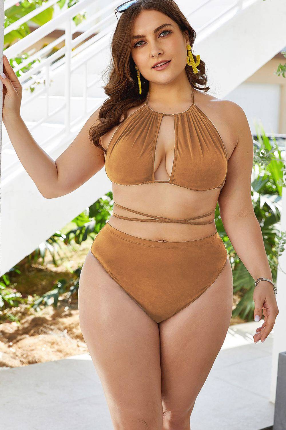 Plus Size Cutout Tied Backless Bikini Set - Sosea Swimwear