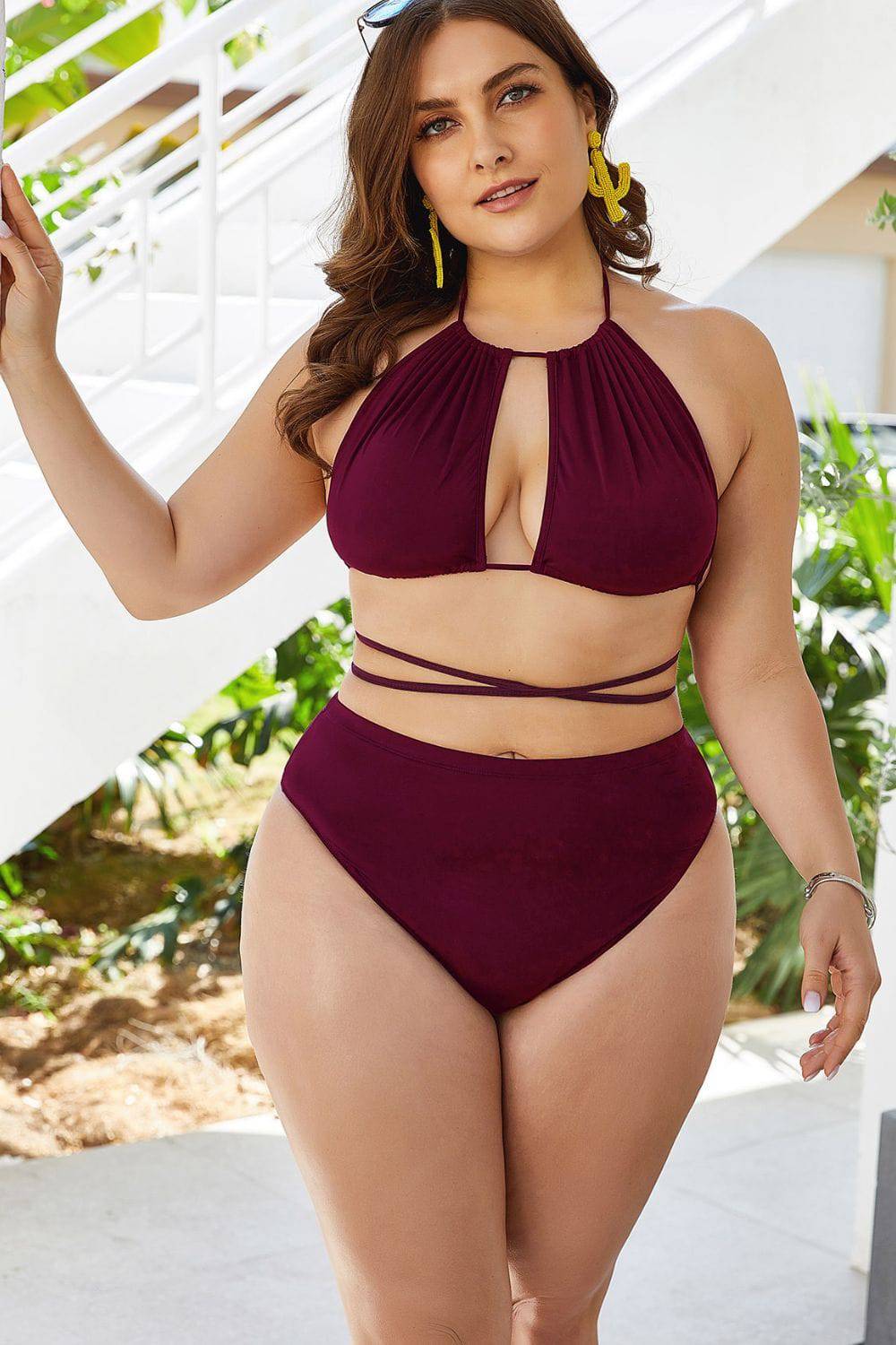 Plus Size Cutout Tied Backless Bikini Set - Sosea Swimwear