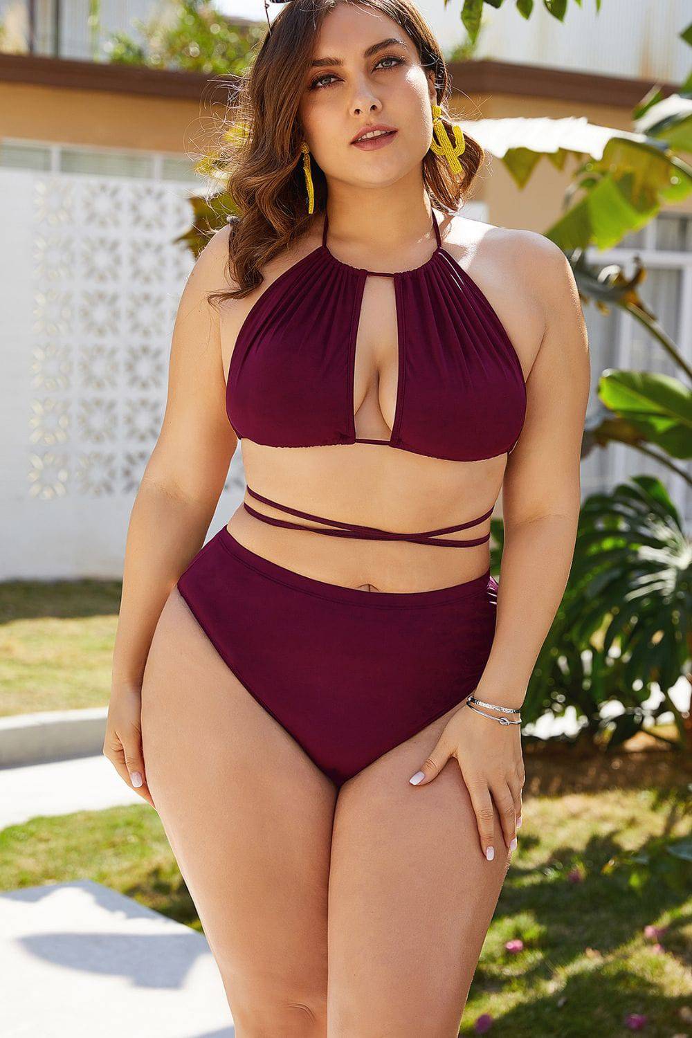 Plus Size Cutout Tied Backless Bikini Set - Sosea Swimwear