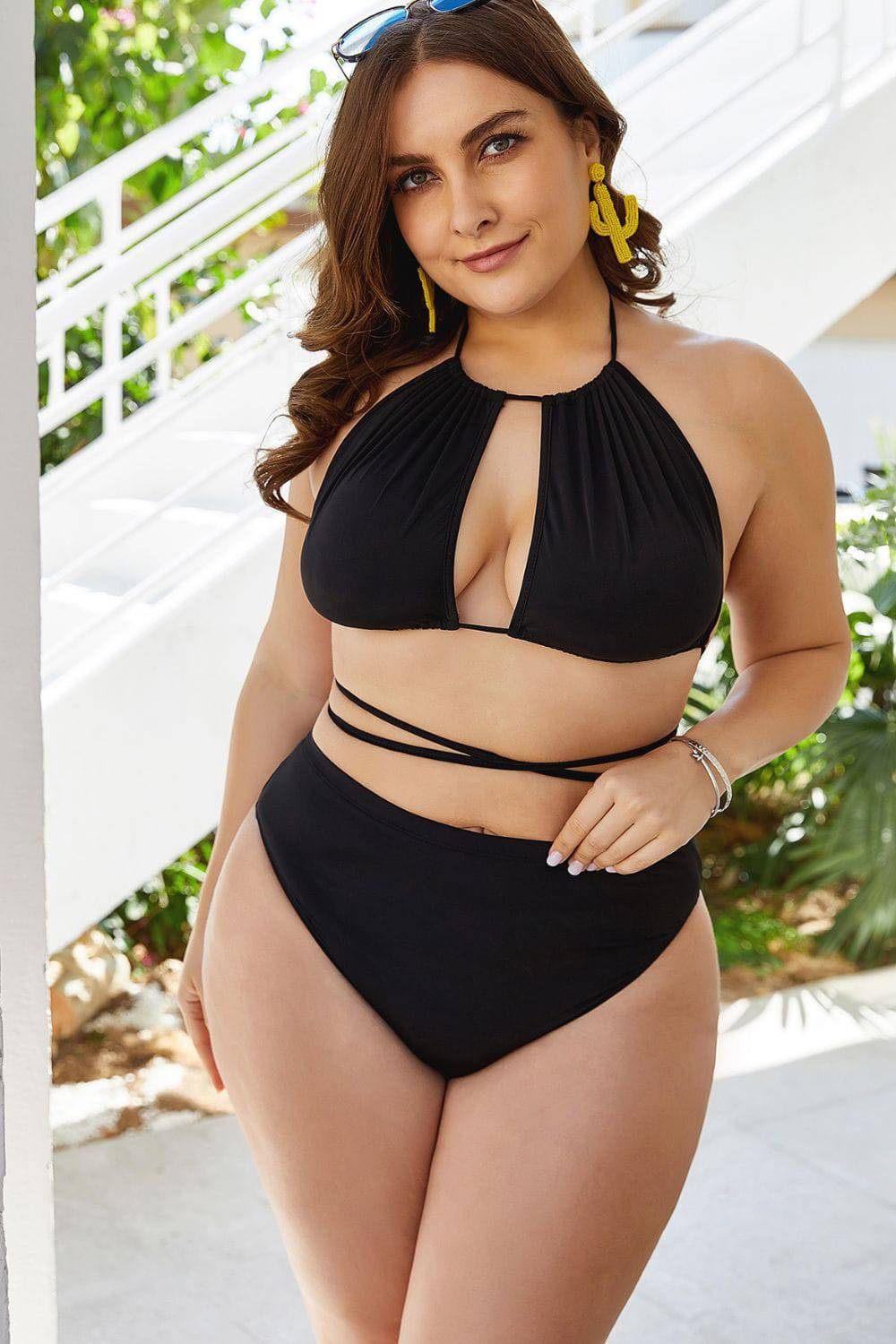 Plus Size Cutout Tied Backless Bikini Set - Sosea Swimwear