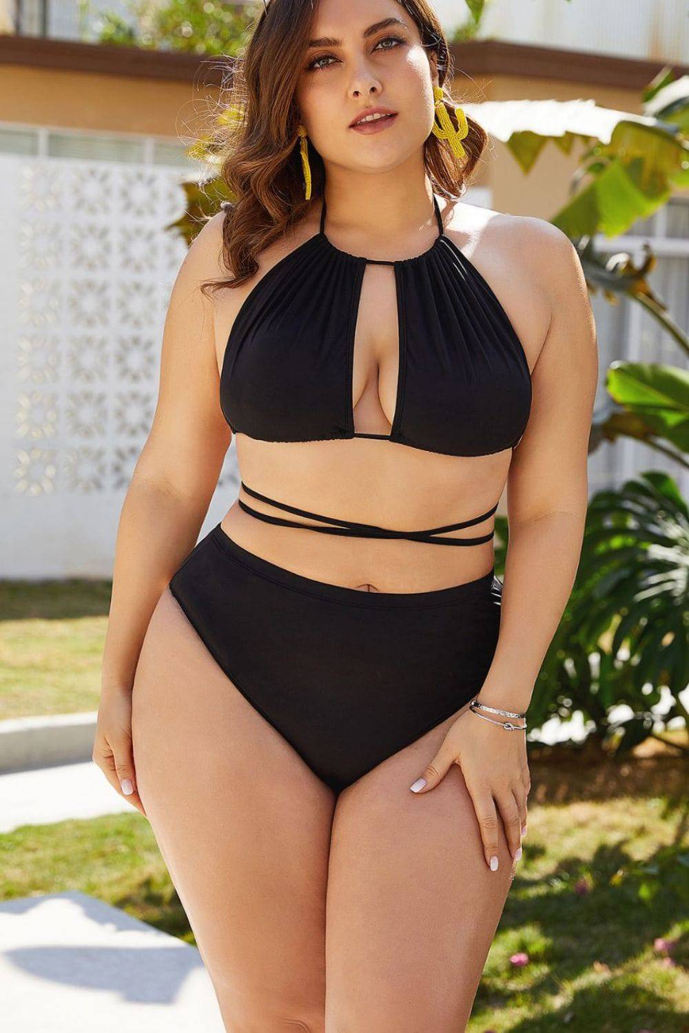 Plus Size Cutout Tied Backless Bikini Set - Sosea Swimwear