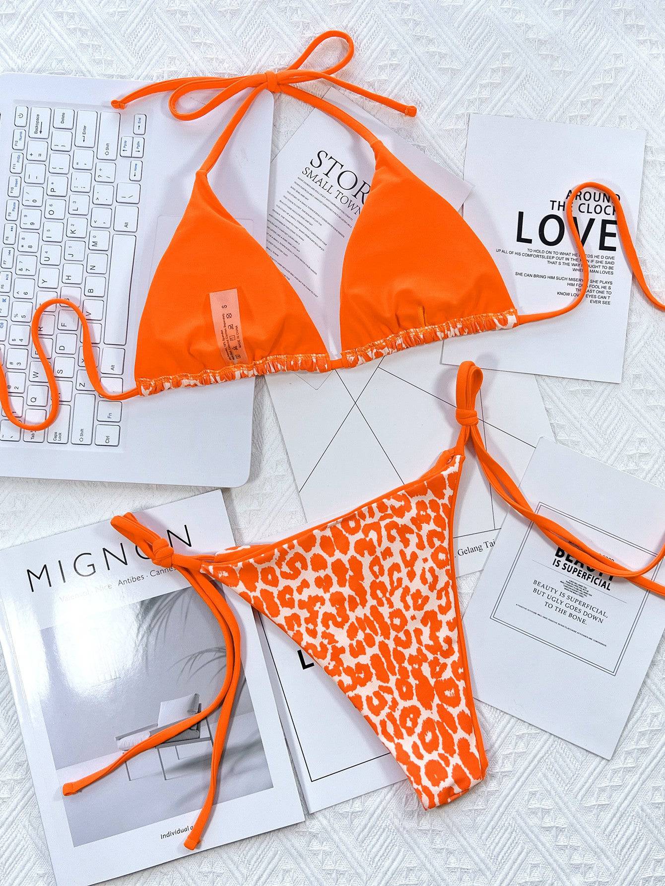 Leopard Print Halter Neck Tie Side Bikini Set - Sosea Swimwear