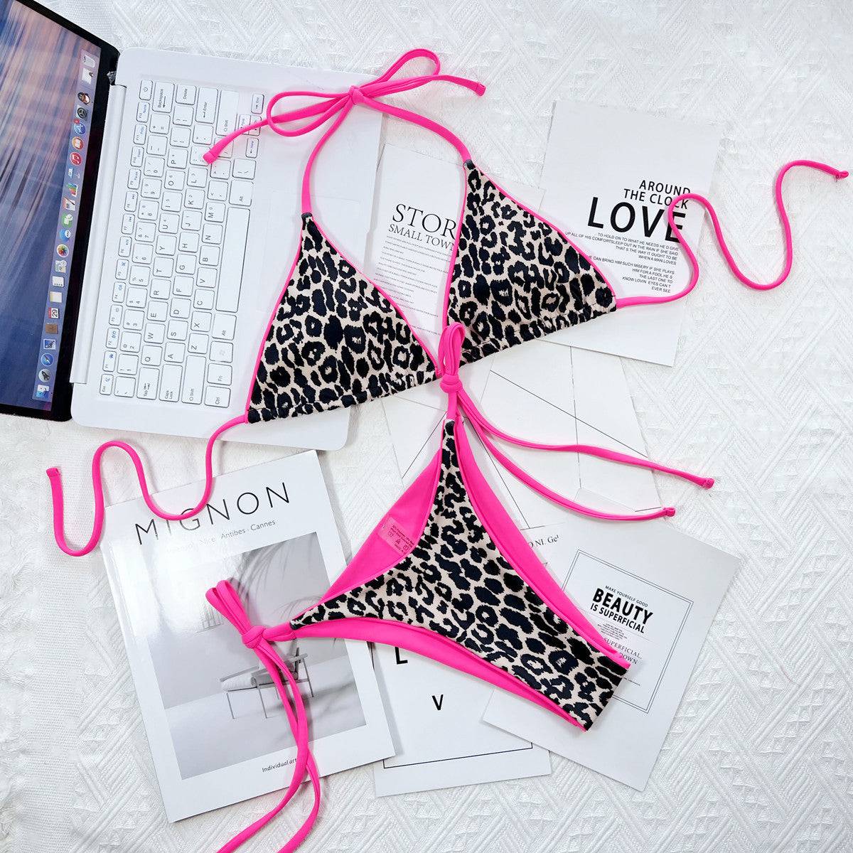 Leopard Print Halter Neck Tie Side Bikini Set - Sosea Swimwear
