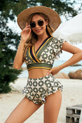 Printed Flutter Sleeve Ruffled Two-Piece Swimsuit - Sosea Swimwear