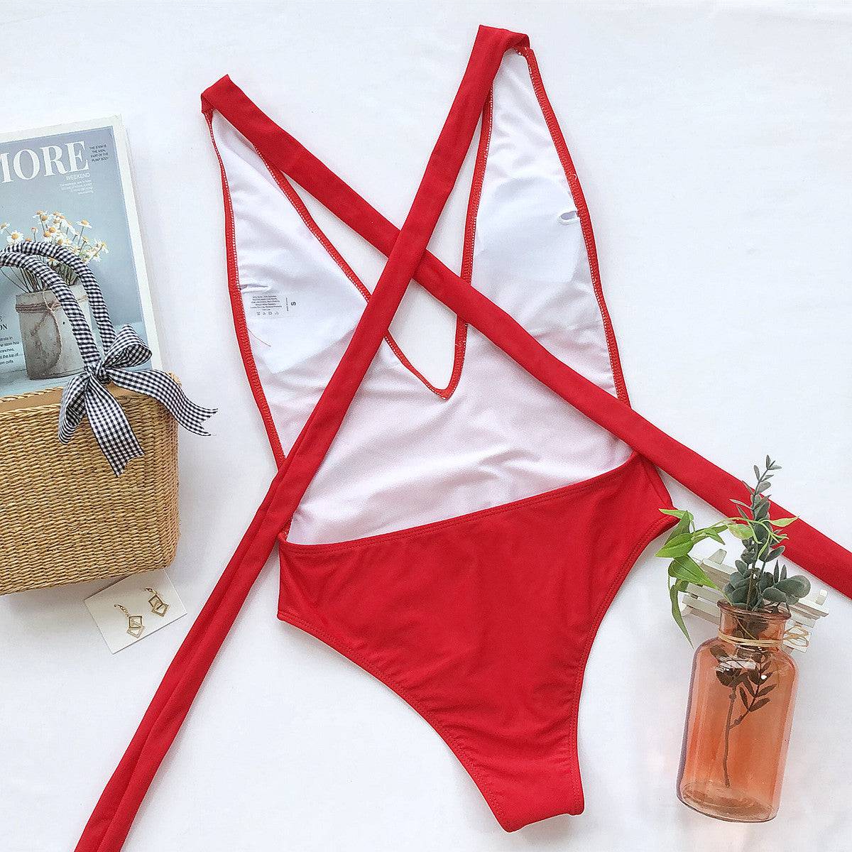 Halter Neck Deep V Tied One-Piece Swimsuit - Sosea Swimwear