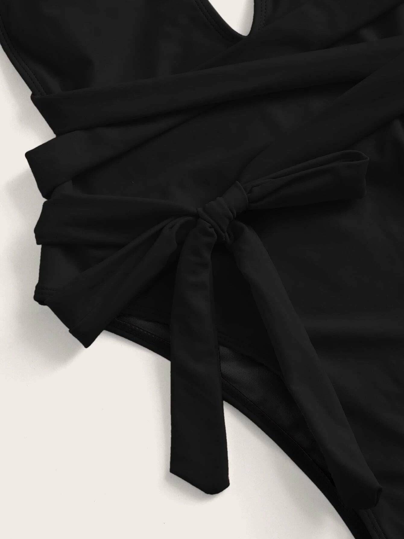 Halter Neck Deep V Tied One-Piece Swimsuit - Sosea Swimwear