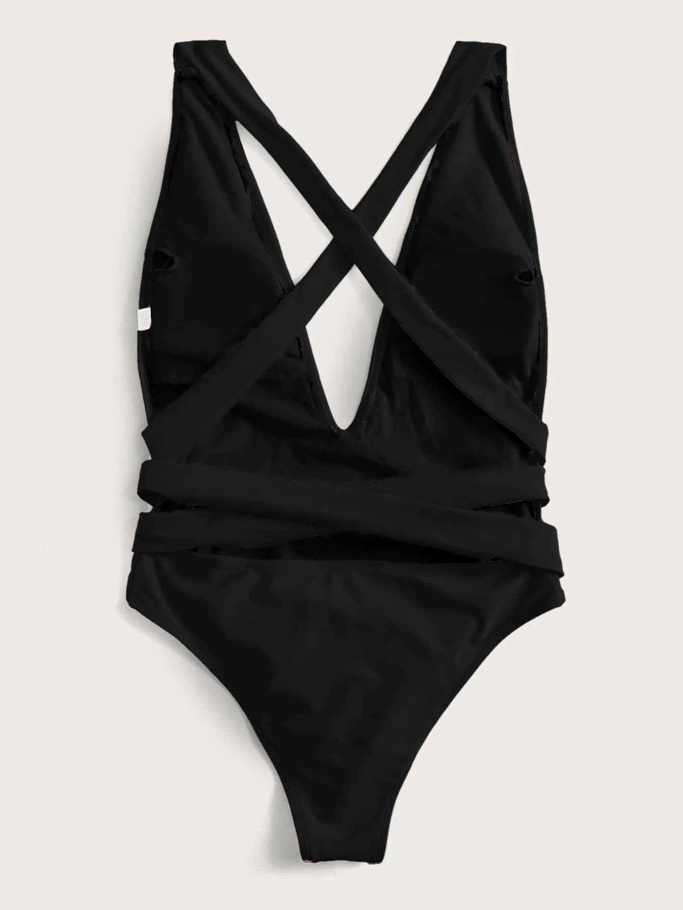 Halter Neck Deep V Tied One-Piece Swimsuit - Sosea Swimwear