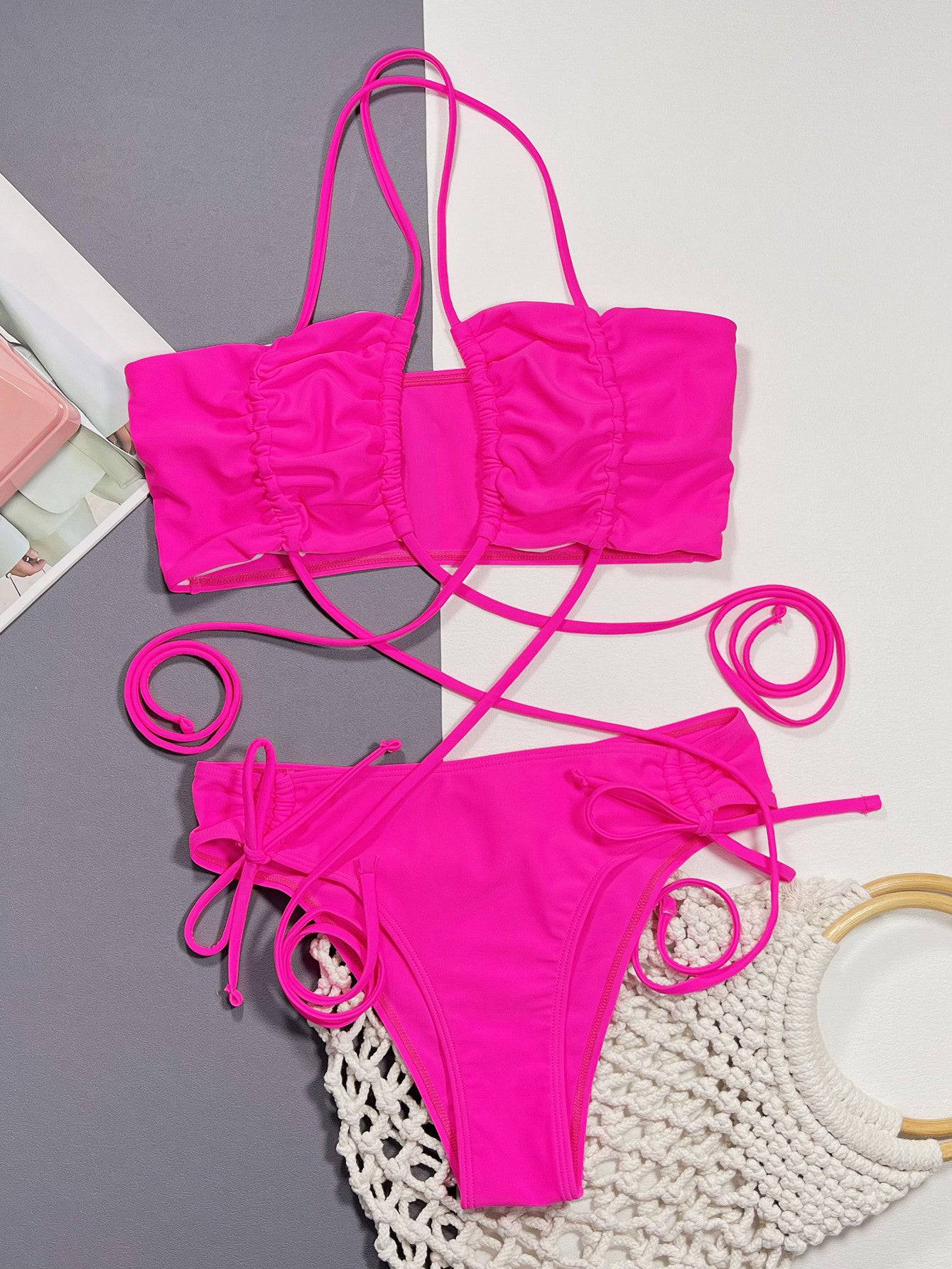 Halter Neck Drawstring Detail Bikini Set - Sosea Swimwear