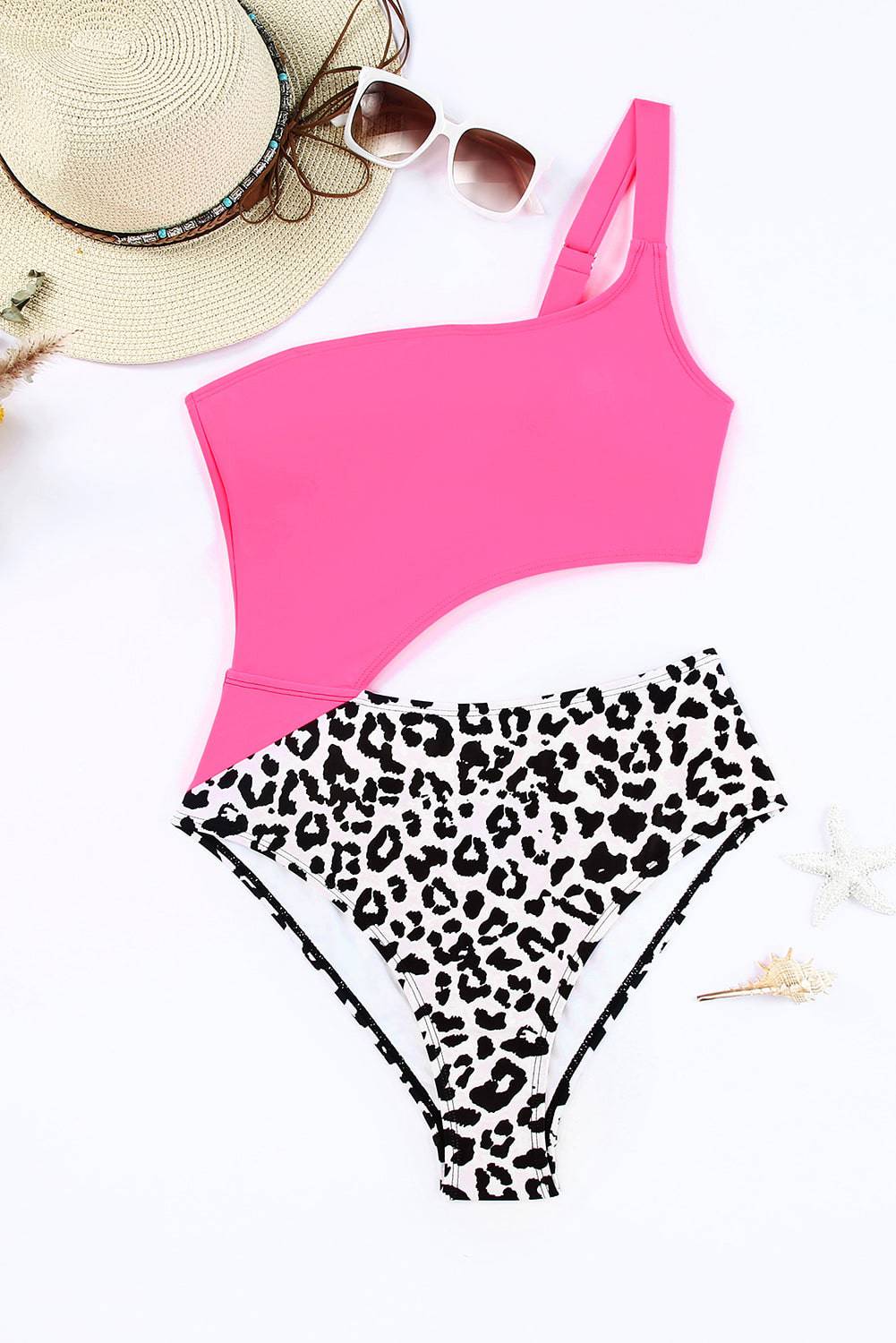 Leopard Cutout One-Shoulder One-Piece Swimsuit - Sosea Swimwear