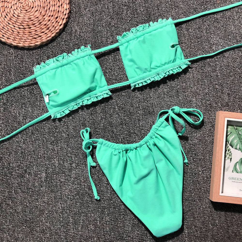 Frill Trim Ruched Bikini Set - Sosea Swimwear