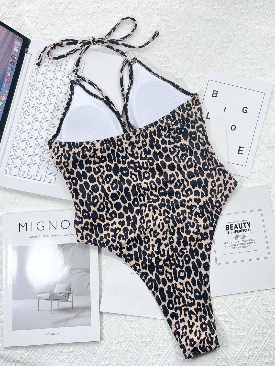 Leopard Cutout Halter Neck One-Piece Swimwear - Sosea Swimwear