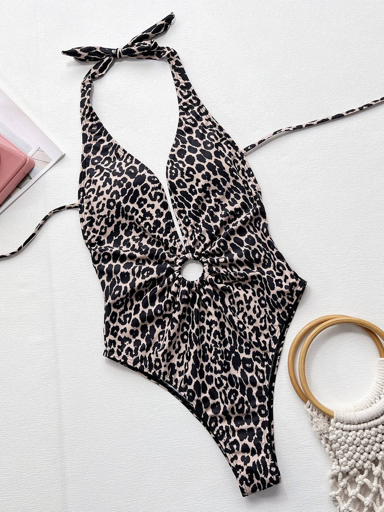 Leopard Halter Neck Ring Detail One-Piece Swimsuit - Sosea Swimwear