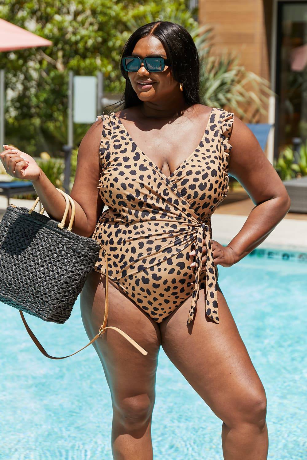 Marina West Swim Full Size Float On Ruffle Faux Wrap One-Piece in Leopard - Sosea Swimwear