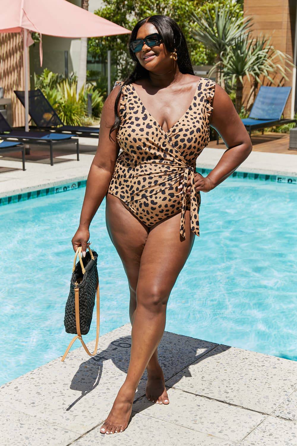 Marina West Swim Full Size Float On Ruffle Faux Wrap One-Piece in Leopard - Sosea Swimwear