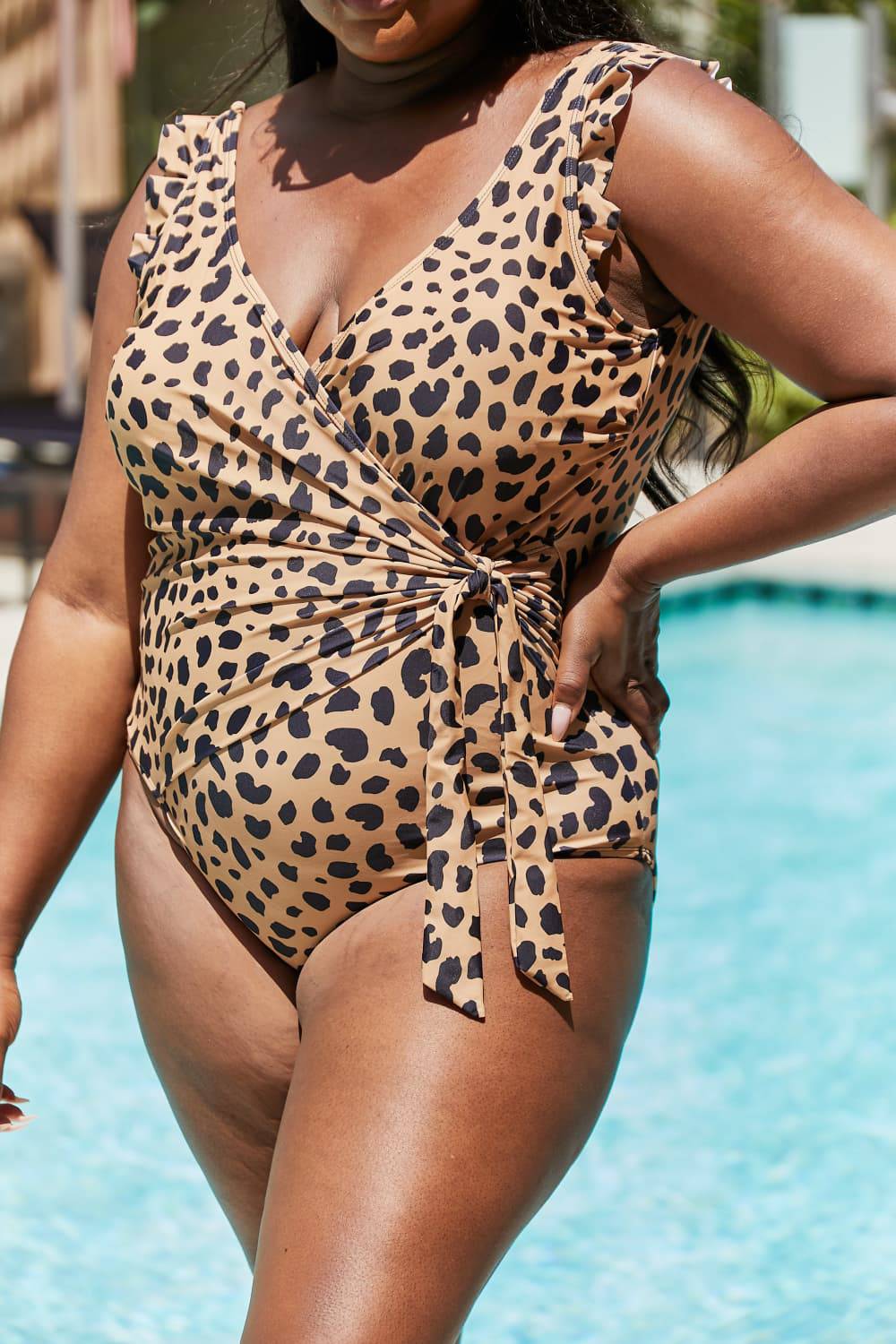 Marina West Swim Full Size Float On Ruffle Faux Wrap One-Piece in Leopard - Sosea Swimwear