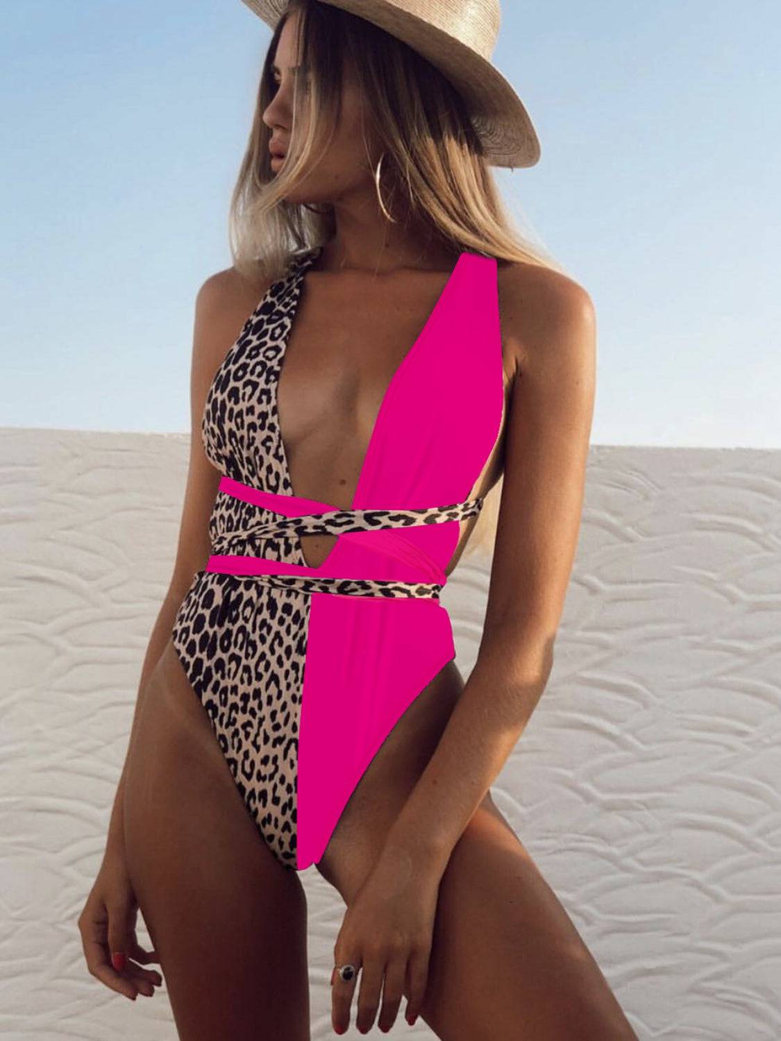 Tied Leopard Plunge One-Piece Swimwear - Sosea Swimwear